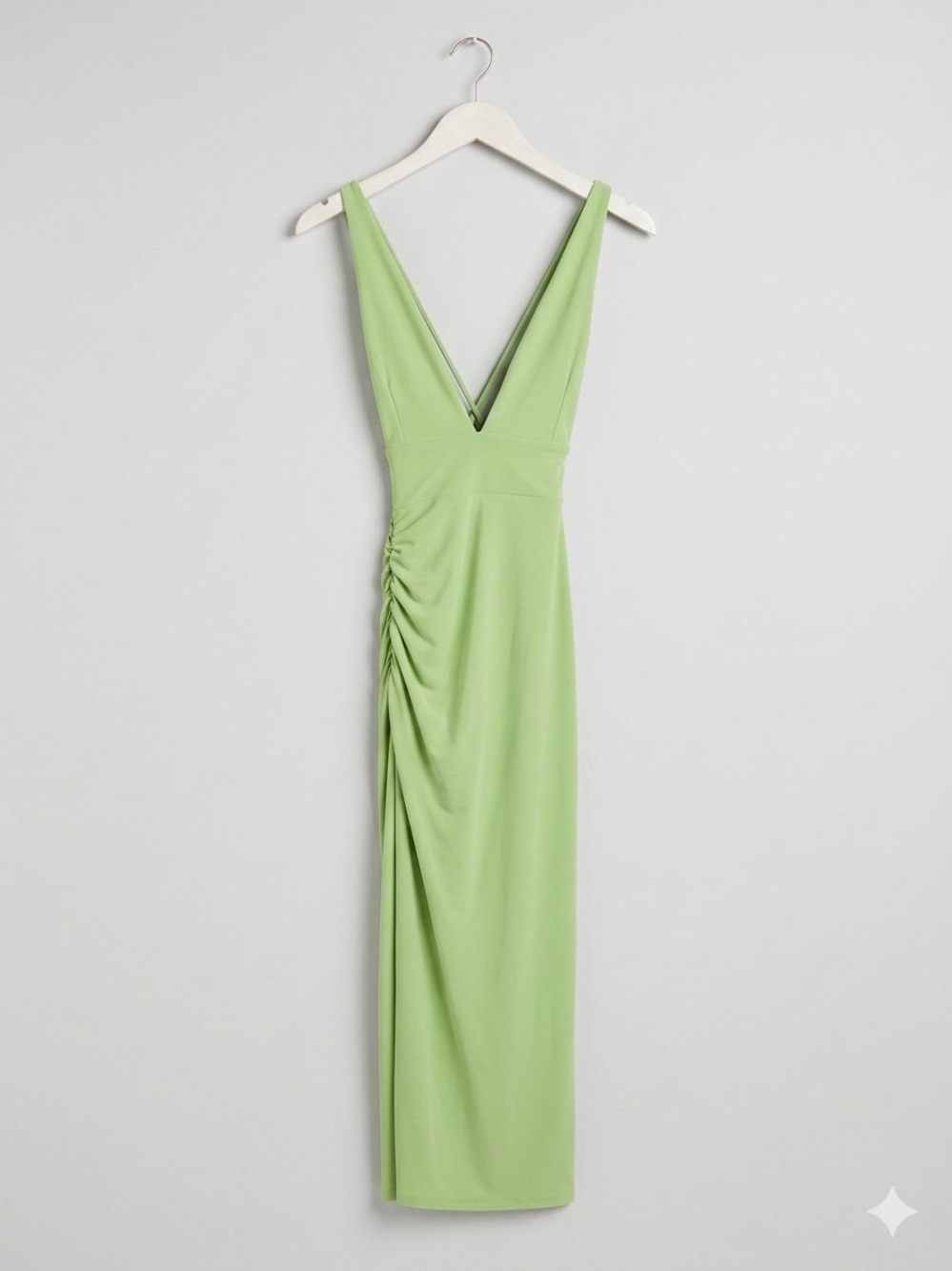 Midi Elegant Light Green V-Neck Ruched Dress - size small